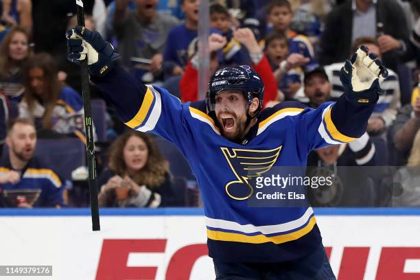 David Perron of the St. Louis Blues celebrates after scoring a goal on Martin Jones of the San Jose Sharks during the second period in Game Three of...