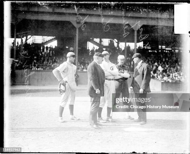 Informal full-length group portrait of baseball players Frank Chance and James P. Archer of the National League's Chicago Cubs, baseball player...