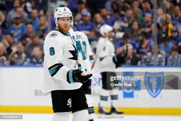 Joe Pavelski of the San Jose Sharks looks on against the St. Louis Blues during the third period in Game Three of the Western Conference Finals...