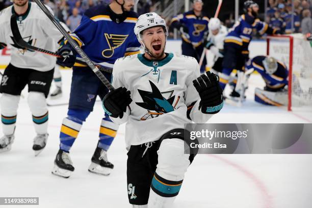Logan Couture of the San Jose Sharks celebrates after scoring a goal on Jordan Binnington of the St. Louis Blues during the third period in Game...
