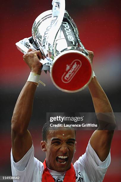 Scott Sinclair of Swansea celebrates with the trophy after victory in the npower Championship Playoff Final between Reading and Swansea City at...