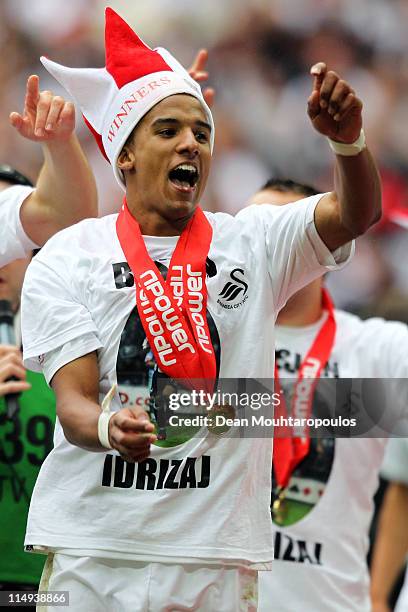 Scott Sinclair of Swansea celebrates after winning the npower Championship Playoff Final between Reading and Swansea City at Wembley Stadium on May...