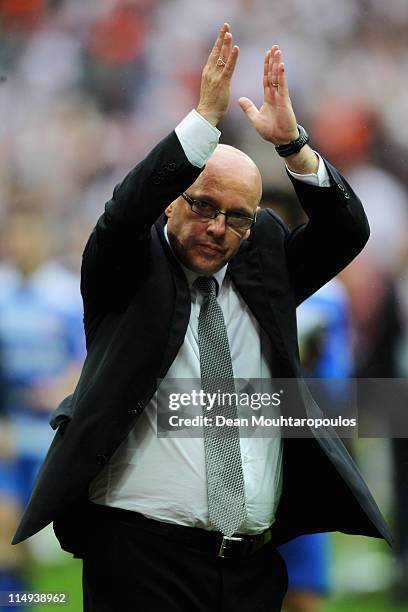 Reading Manager, Brian McDerrmott looks dejected as he applaudes the fans after defeat in the npower Championship Playoff Final between Reading and...