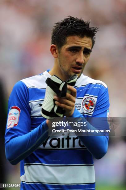 Jem Karacan of Reading looks dejected as he applaudes the fans after defeat in the npower Championship Playoff Final between Reading and Swansea City...