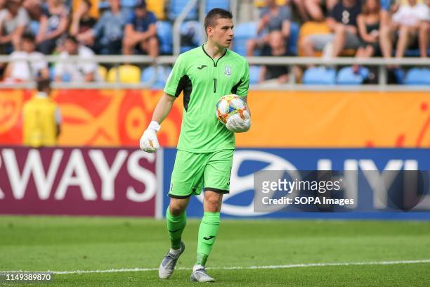 Andriy Lunin of Ukraine seen in action during the FIFA U-20 World Cup match between Ukraine and Italy in Gdynia. .