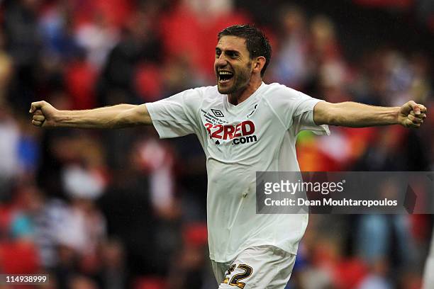 Angel Rangel of Swansea celebrates after winning the npower Championship Playoff Final between Reading and Swansea City at Wembley Stadium on May 30,...