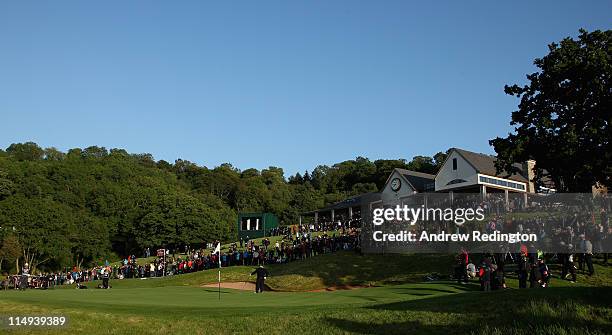 General view of the 18th green during the PowerPlay Ignition Golf on the Twenty Ten Course at the Celtic Manor Resort on May 30, 2011 in Newport,...