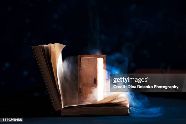 open book with a shining door to magical worlds. the excitement of reading concept on a dark background with copy space - abrir a porta sair imagens e fotografias de stock