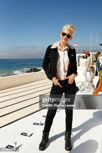 Kate Peck wearing black sunglasses, Saint rider jacket, white shirt at Mercedes-Benz Fashion Week Resort 20 Collections on May 16, 2019 in Sydney,...