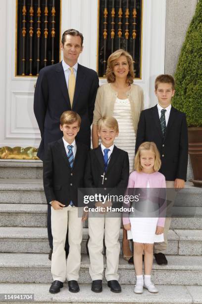 In this handout provided by the Spainish Royal House, Don Miguel Urdangarin y de Borbon, Grande of Spain poses with his parents Princess Cristina of...
