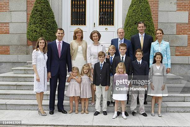 In this handout provided by the Spainish Royal House, His Excellency, Don Miguel Urdangarin y de Borbon, Grande of Spain poses with members of the...