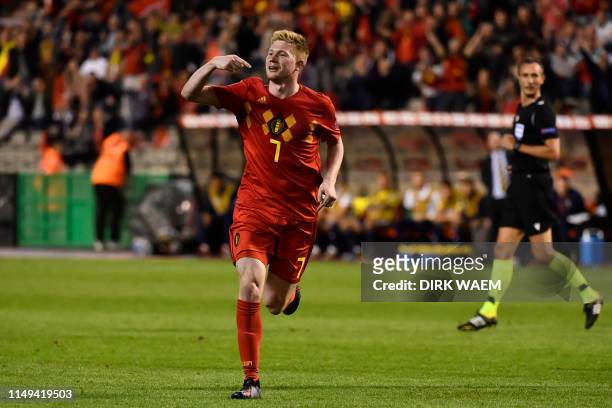 Belgium's Kevin De Bruyne celebrates after scoring during a soccer game between Belgian national team the Red Devils and Scotland, Tuesday 11 June...