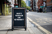 Whats your plan for retirement. Foldable advertising poster on the street
