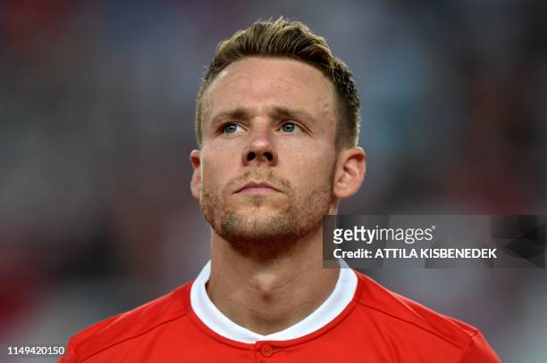 Wales' defender Chris Gunter is pictured prior to the UEFA Euro 2020 qualifier Group E football match Hungary against Wales on June 11, 2019 in...