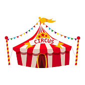 Circus tent, awning, red and white stripes, entertainment, carnival, fun. Isolated, vector, illustration on a white background, cartoon style