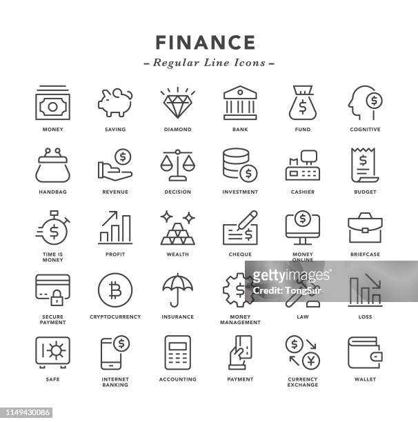 finance - regular line icons - coin bank stock illustrations