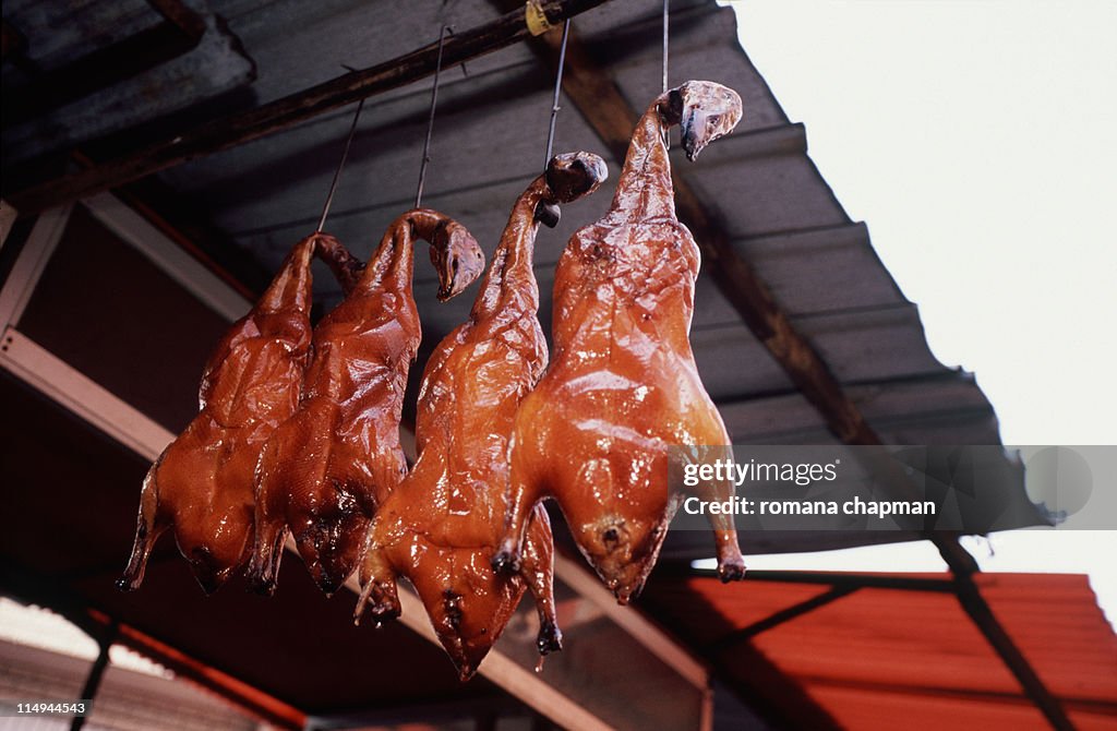 Roast ducks hanging from tin roof of market stall