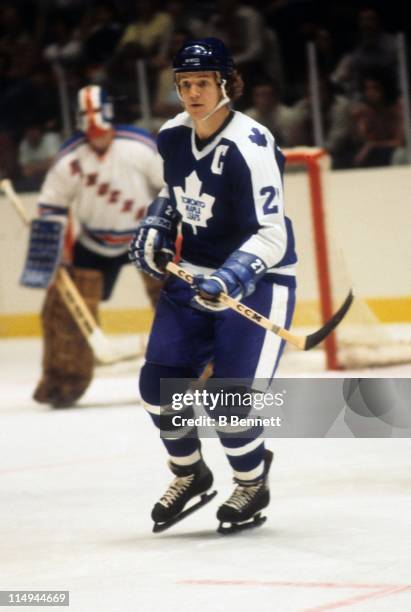 Darryl Sittler of the Toronto Maple Leafs skates on the ice during an NHL game against the New York Rangers circa 1980 at the Madison Square Garden...