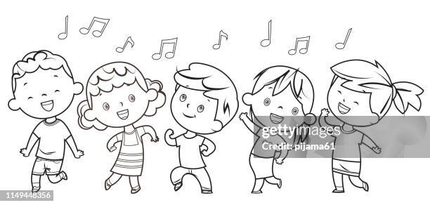 coloring book, dancing children - coloring book page illlustration technique stock illustrations
