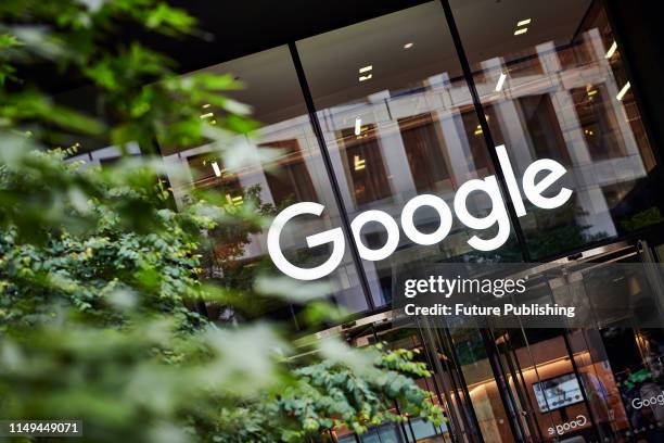 Detail of the entrance to the Google UK offices in London, with the Google logo visible above the doorway, taken on June 4, 2019.