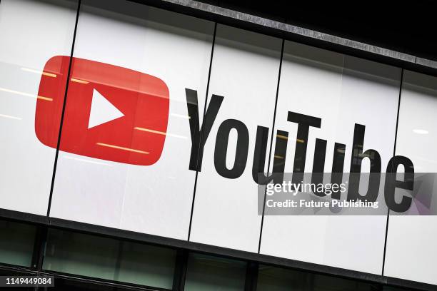 Detail of the YouTube logo outside the YouTube Space studios in London, taken on June 4, 2019.