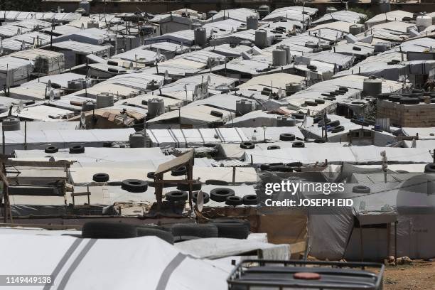 Photo taken on June 10, 2019 shows a general view of the sprawling Al-Nour camp in the northeastern Lebanese town of Arsal, in the Bekaa valley, near...