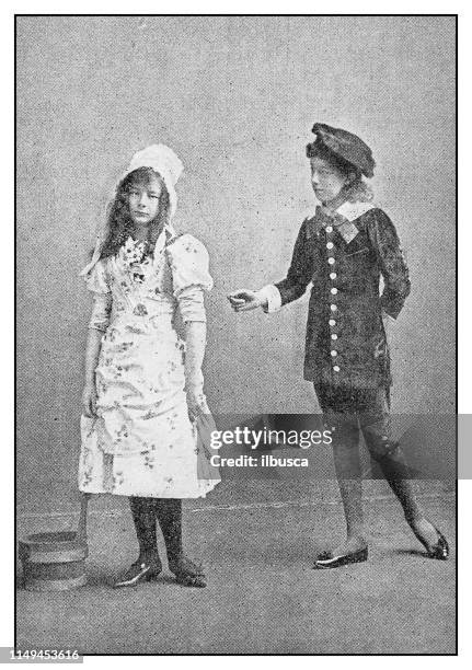 antique photo: children theatre play - school play stock illustrations