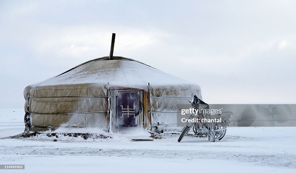 Yurt in snow at khustain nuruu in mongolia