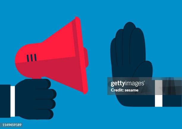 illustrazioni stock, clip art, cartoni animati e icone di tendenza di una mano enorme impedisce all'altoparlante di parlare - debolezza