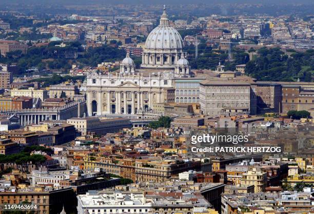 An aerial view of Rome, 22 July 2003, taken from a montgolfiere which is situated in the park of the Villa Borghese, Rome. The montgolfiere is an...
