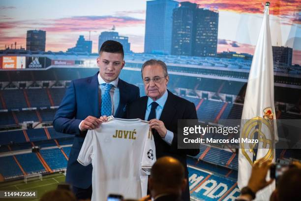 Florentino Perez presenting Real Madrid new player Luka Jovic in Santiago Berbabeu Stadium.