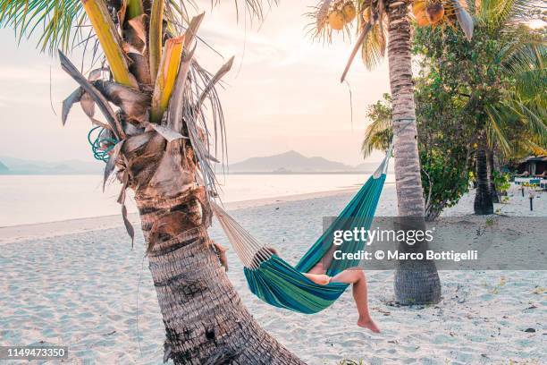 tourist woman lying on hammock on a tropical beach, thailand. - wonderlust imagens e fotografias de stock