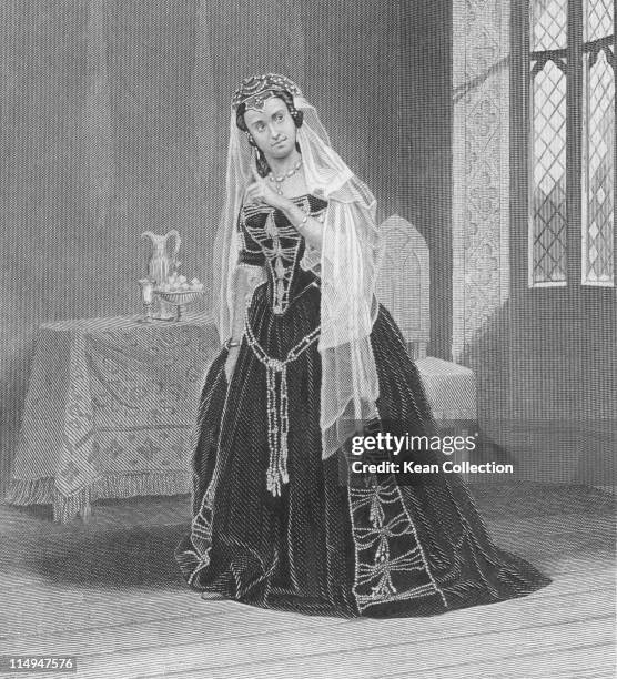 Engraving depicting Celine Celeste , also known as Madame Celeste, French dancer and actress, in costume as Princess Katharine in a scene from Henry...