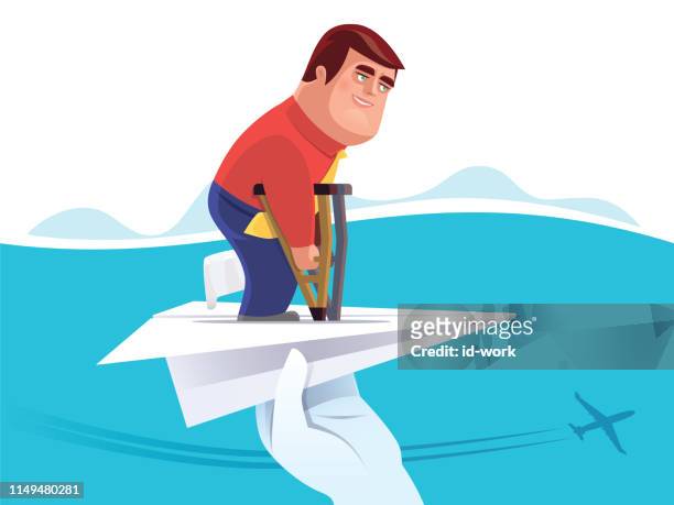 man with broken leg and paper plane - patient journey stock illustrations