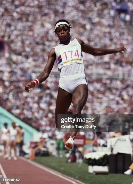 Judy Simpson of Great Britain during the Long Jump event of the Women's Heptathlon at the XXIII Summer Olympics on 4th August 1984 at the Los Angeles...