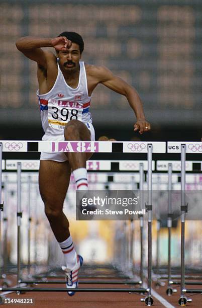 Daley Thompson of Great Britain during the 110 metres Hurdles event of the Men's Decathlon at the XXIII Olympic Summer Games on 9th August 1984 at...