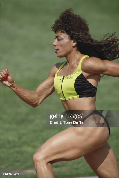 Olympic gold medallist Florence Griffith-Joyner during a training run on 1st February 1988 in Los Angeles, California, United States.