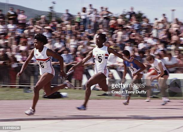 Sonia Lannaman takes the baton from Wendy Clarke in the Women's 4 x100 metres relay event at the European Athletics Cup Semi-Final on 1st July 1979...