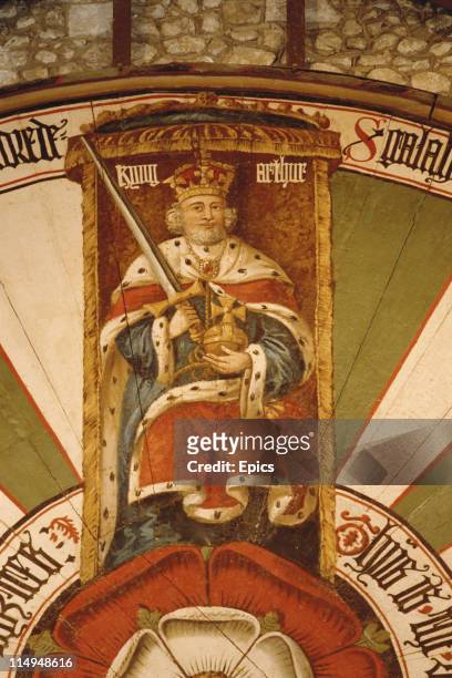 Detail from the round table in Winchester Great Hall shows King Arthur. The table was constructed in the 13th century and painted in its present form...