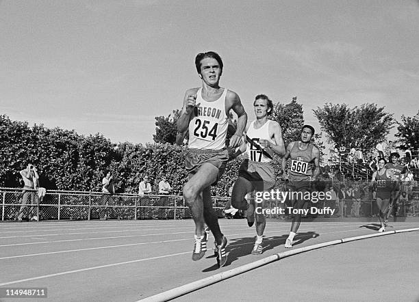Steve Prefontaine leads the field during the 3 mile race at the AAU Championships on 25th June 1971 at Hayward Field, Eugene, Oregon, United States.