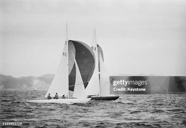 Olympic International class 5.5 Metre sailing yacht N-27 Fram111 of Norway sailed by Crown Prince Harald compete on 21st October 1964 during the...