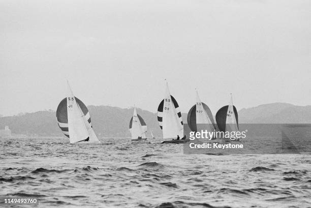 Olympic International class 5.5 Metre sailing yachts J-1 Roy of Japan, D-11 Web111 of Denmark, N-27 Fram111 of Norway sailed by Crown Prince Harald...