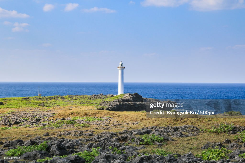 White Lighthouse In Cape Zanpa In Okinawa, Japan