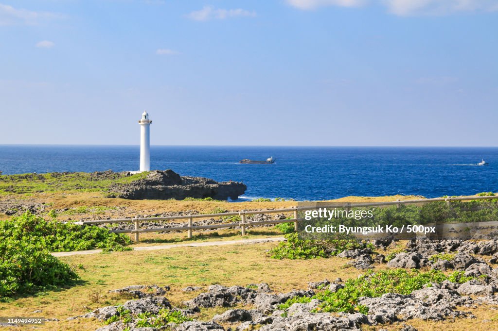 White Lighthouse In Cape Zanpa In Okinawa, Japan
