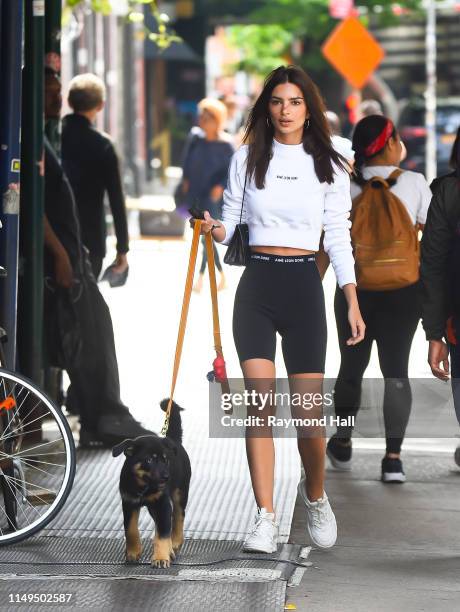 Model Emily Ratajkowski is seen walking her dog in soho on June 12, 2019 in New York City.