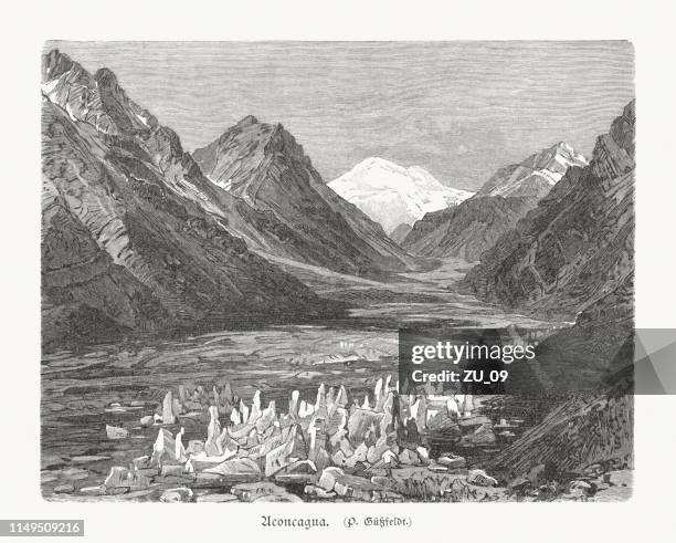 aconcagua, andes, argentina, highest mountain outside of asia, woodcut, 1897 - mount aconcagua stock illustrations