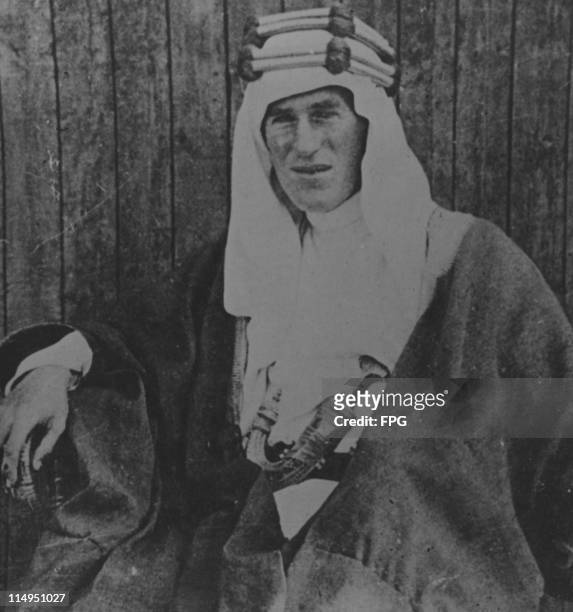 British soldier and writer T E Lawrence in arabic dress, circa 1918.