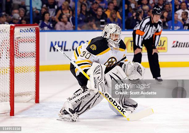 Tim Thomas of the Boston Bruins defends the goal against the Tampa Bay Lightning in Game Six of the Eastern Conference Finals during the 2011 NHL...