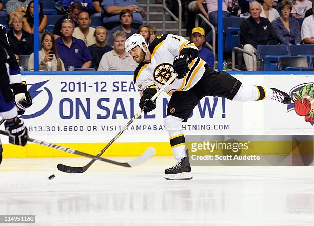 Nathan Horton of the Boston Bruins shoots the puck against the Tampa Bay Lightning in Game Six of the Eastern Conference Finals during the 2011 NHL...