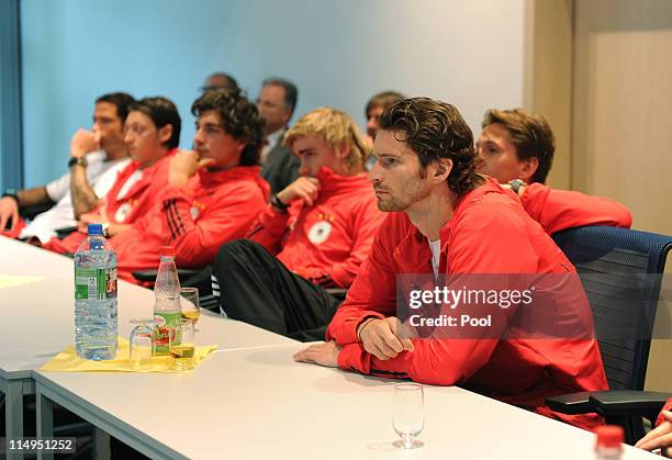 Arne Friedrich, Rene Adler, Marcel Schmelzer, Mats Hummels, Mesut Oezil and Tim Wiese of team Germany listen a lecture of captain Manfred Mueller at...